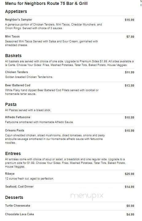 Neighbors Route 75 Bar & Grill - Saint Joseph, MN menu_pic