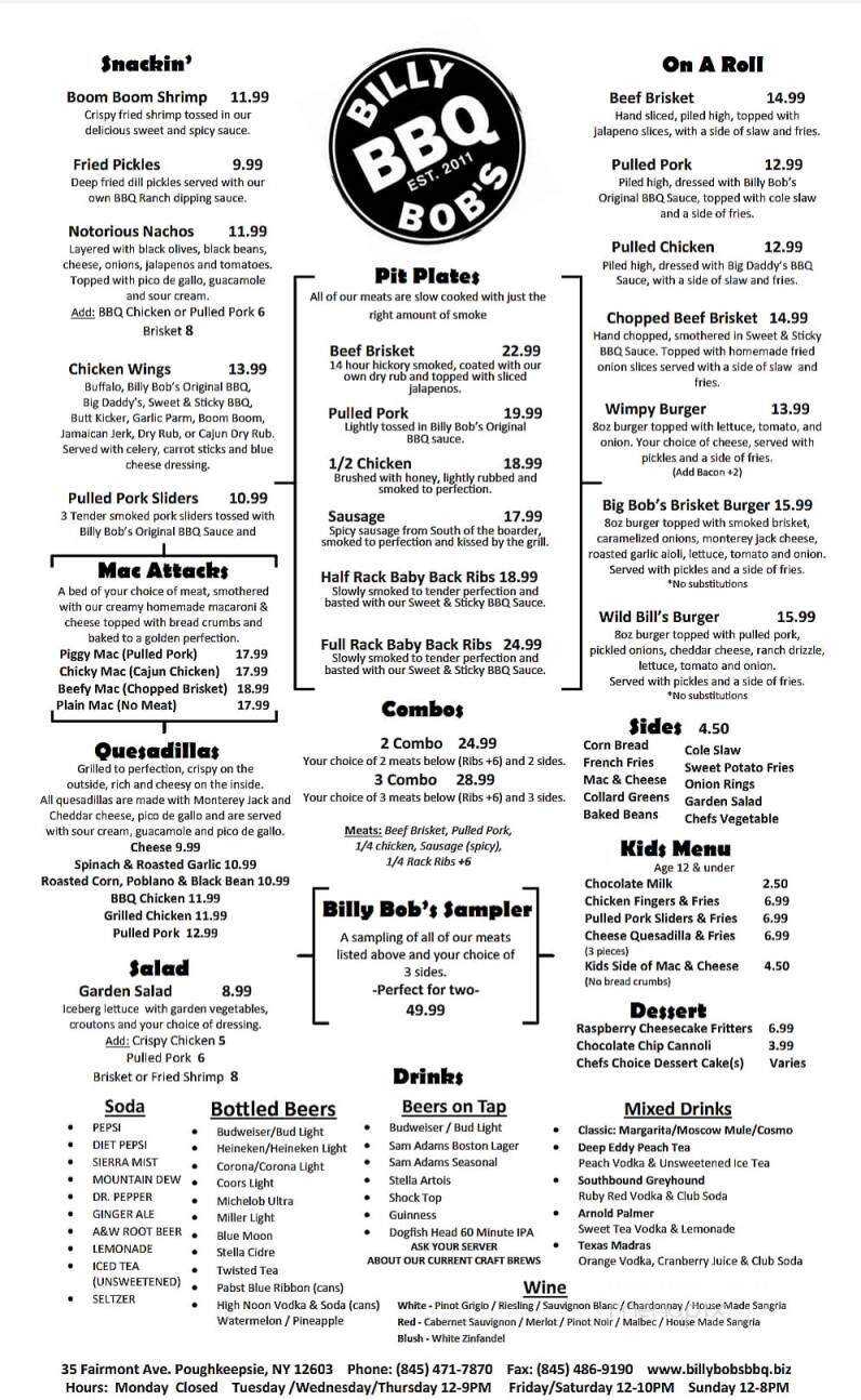 Billy Bob's BBQ - Poughkeepsie, NY menu_pic