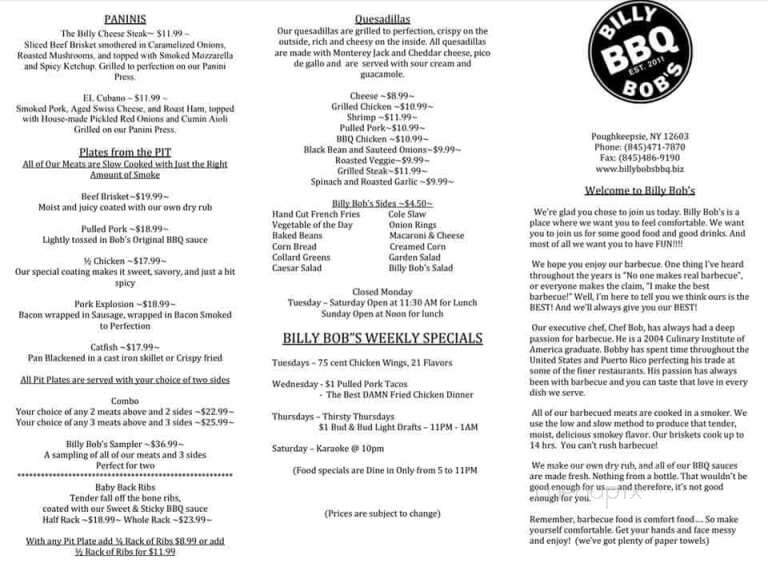 Billy Bob's BBQ - Poughkeepsie, NY menu_pic