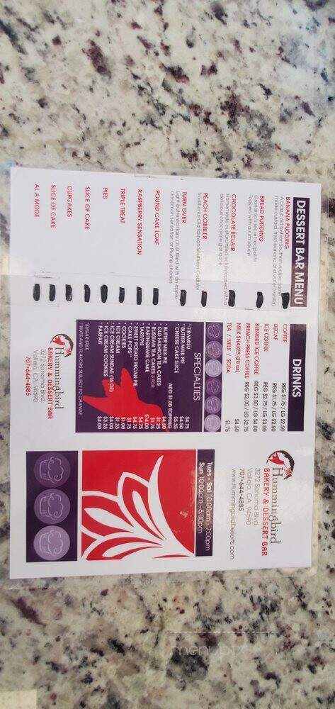 Hummingbird Bakery & Dessert Bar - Vallejo, CA menu_pic
