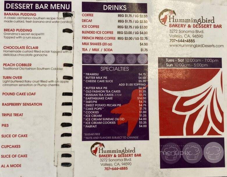 Hummingbird Bakery & Dessert Bar - Vallejo, CA menu_pic