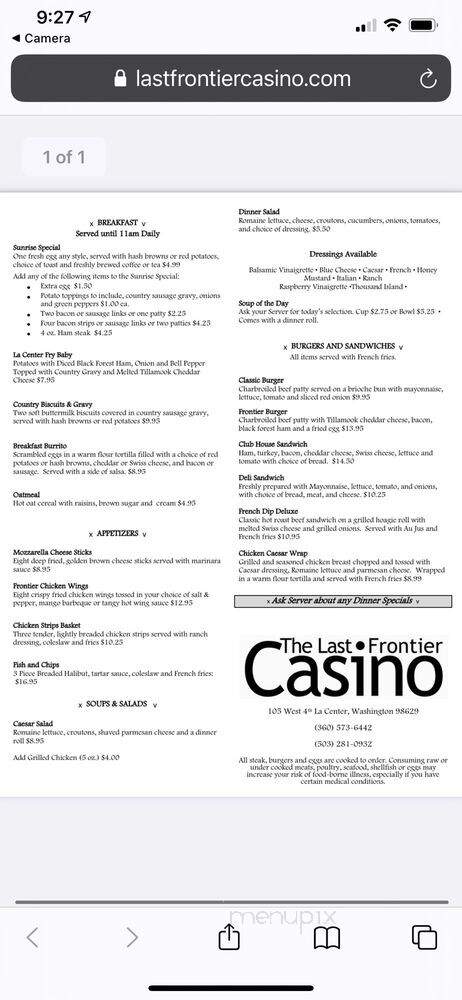 The Last Frontier Restaurant - La Center, WA menu_pic