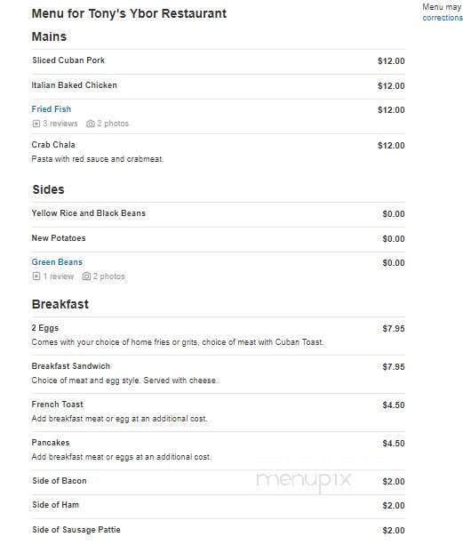 Tony's Ybor Restaurant - Tampa, FL menu_pic