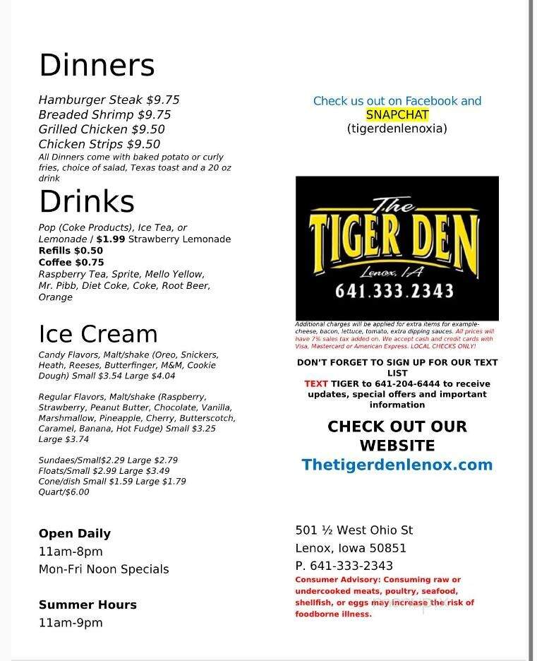 Tiger Den - Lenox, IA menu_pic