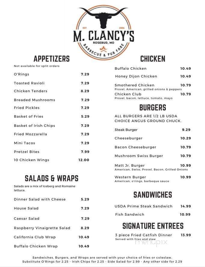 Clancys - Rosebud, MO menu_pic