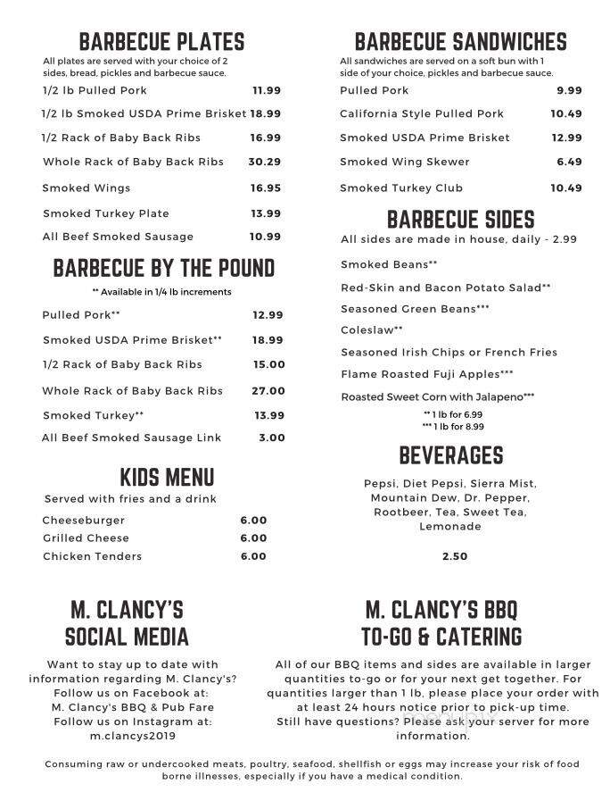 Clancys - Rosebud, MO menu_pic
