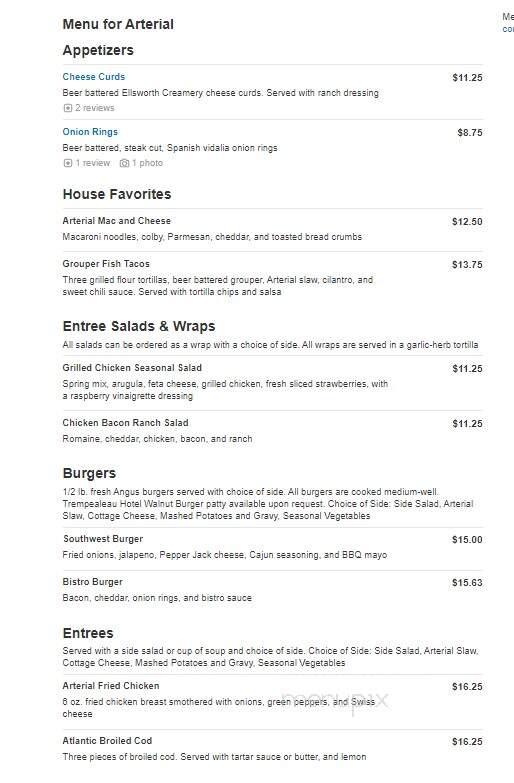 Arterial Restaurant & Bar - La Crosse, WI menu_pic