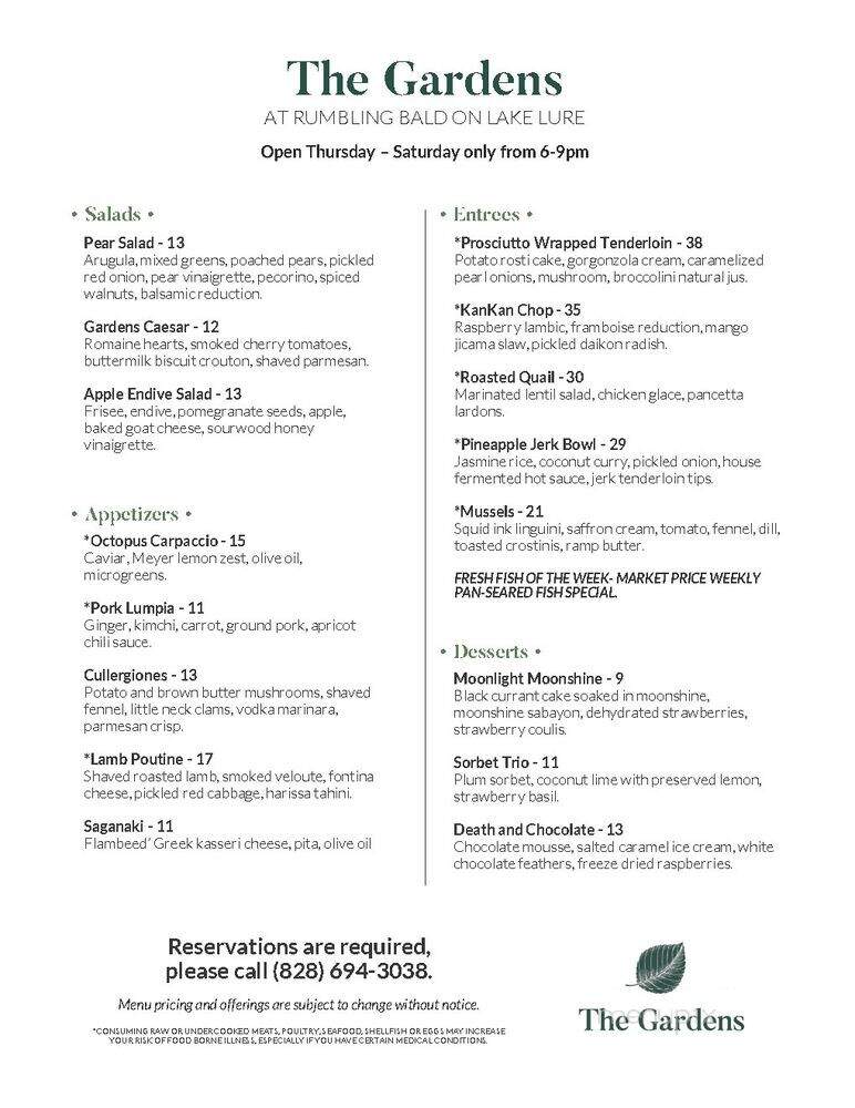 The Gardens at Rumbling Bald - Lake Lure, NC menu_pic