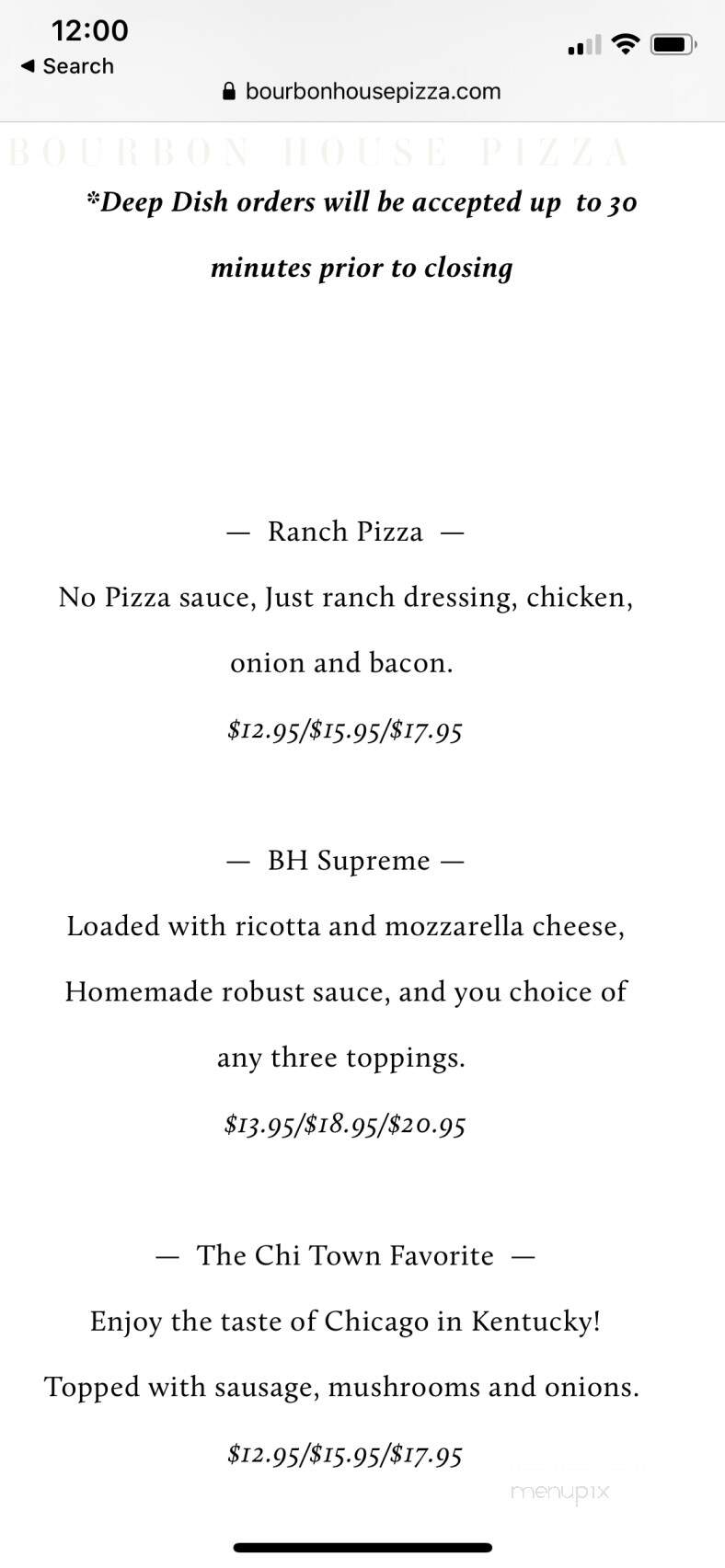 Bourbon House Pizza - Newport, KY menu_pic