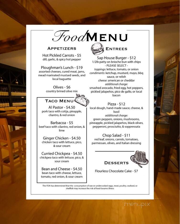 Sap House Meadery - Ossipee, NH menu_pic