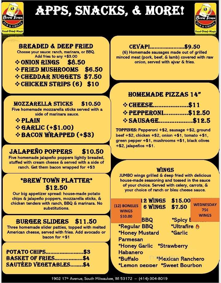 Brew Town Pub & Grille - South Milwaukee, WI menu_pic