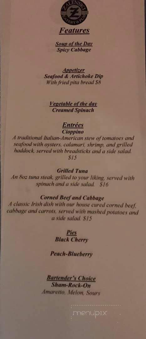 Zalenski Family Eatery & Pub - Wintersville, OH menu_pic