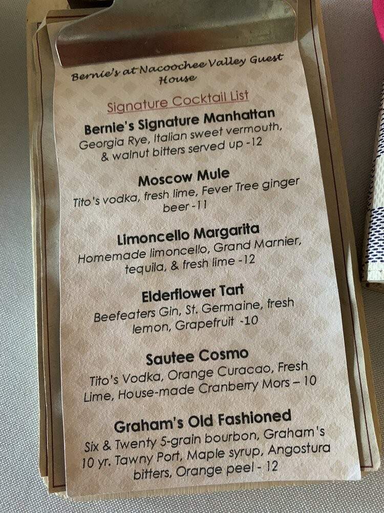 Bernie's Restaurant - Sautee Nacoochee, GA menu_pic