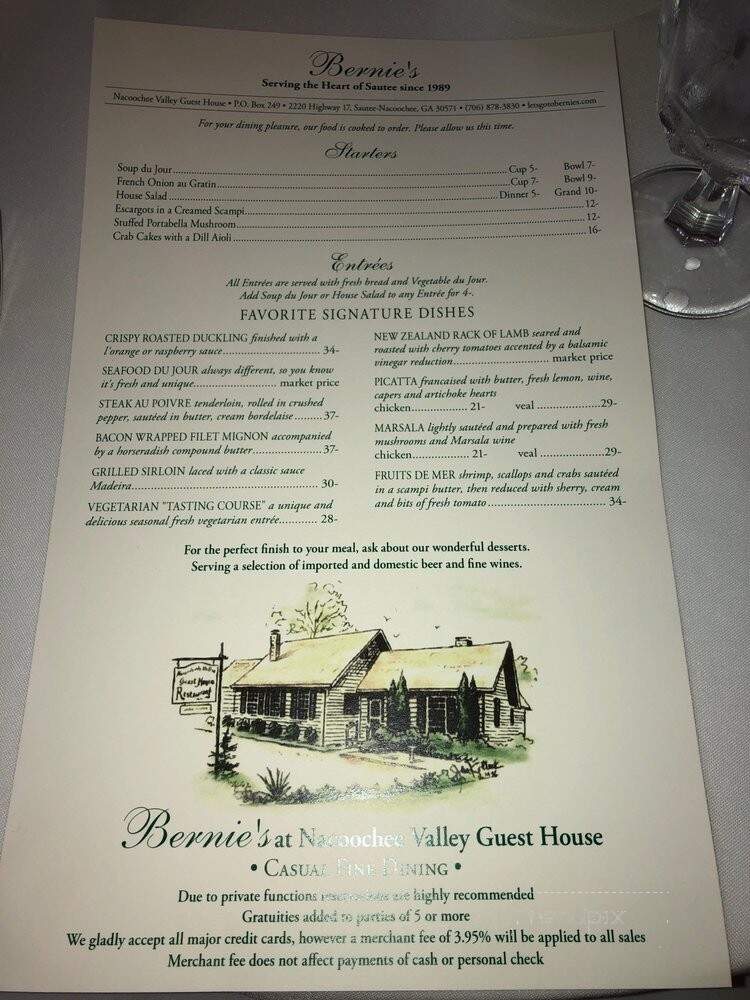 Bernie's Restaurant - Sautee Nacoochee, GA menu_pic