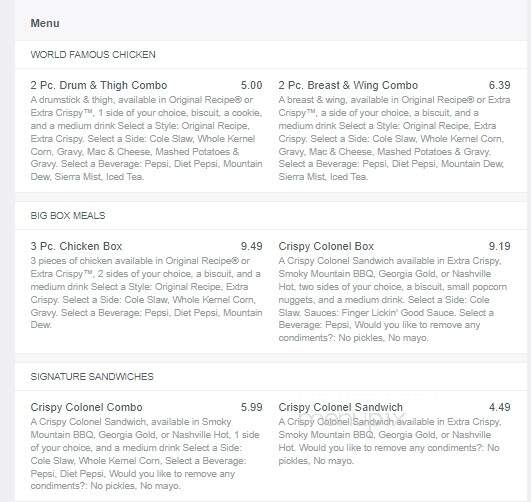 KFC Kentucky Fried Chicken - Fernley, NV menu_pic