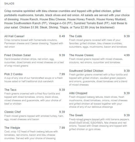 Alibi's Bar & Grill - Indianapolis, IN menu_pic