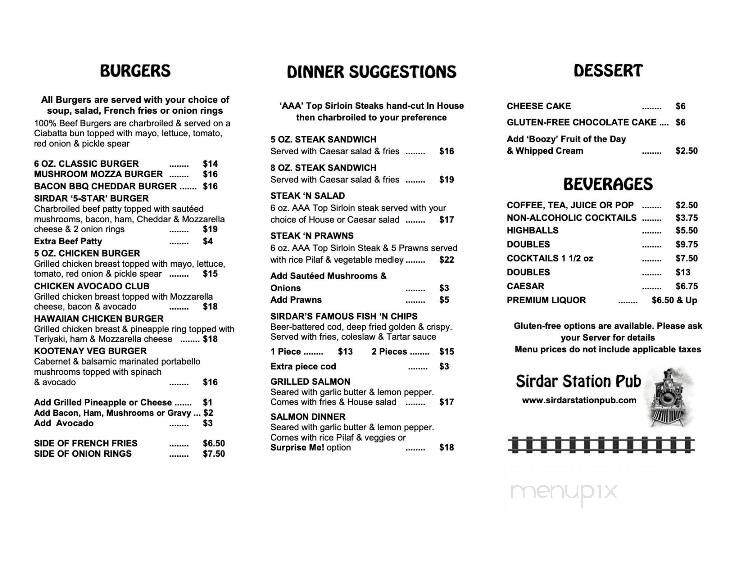 Sirdar Pub & Grill - Sirdar, BC menu_pic