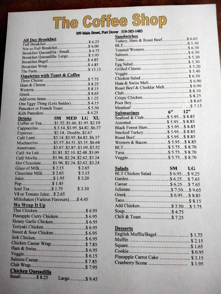 Coffee Shop Restaurant - Port Dover, ON menu_pic