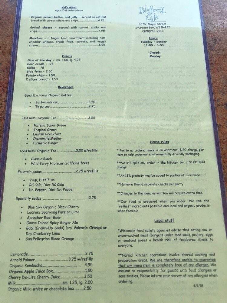 Bluefront Cafe - Sturgeon Bay, WI menu_pic