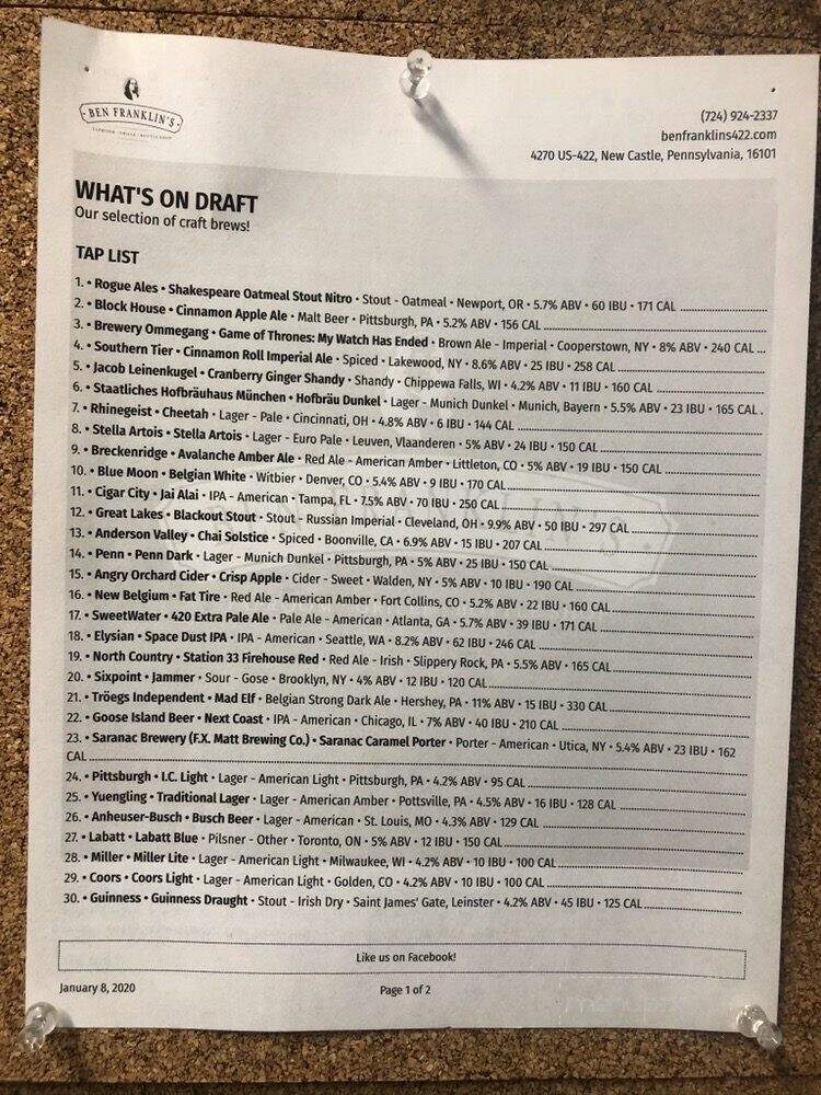 Ben Franklins Taproom, Grille & Bottle Shop - New Castle, PA menu_pic
