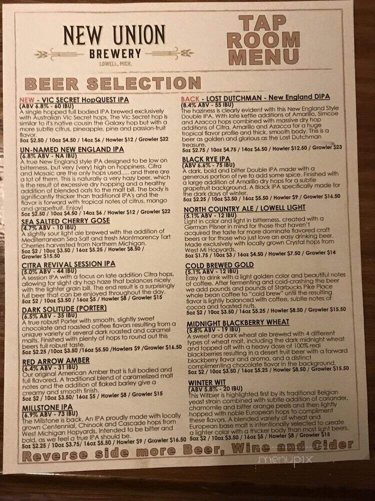 New Union Brewery - Lowell, MI menu_pic