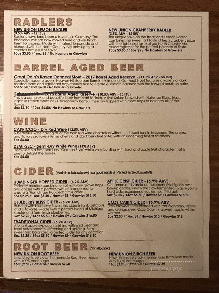 New Union Brewery - Lowell, MI menu_pic