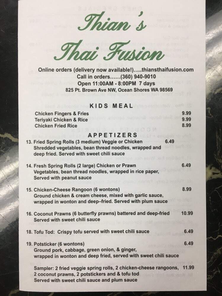 Thian's Thai Fusion - Ocean Shores, WA menu_pic