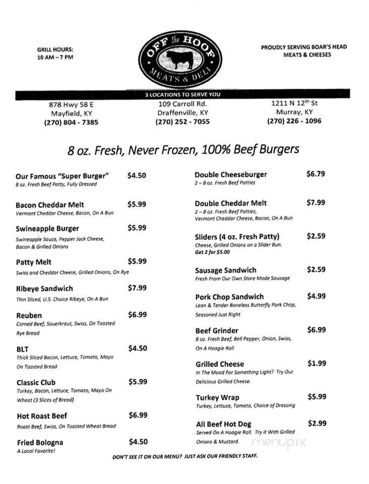 Off the Hoof - Mayfield, KY menu_pic
