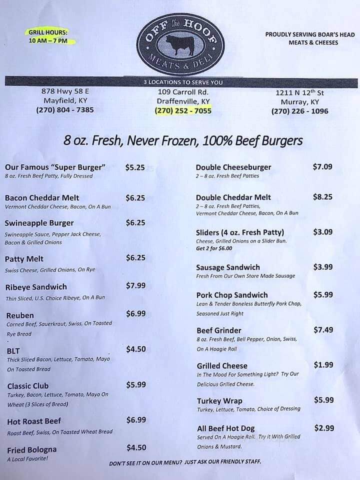 Off the Hoof - Mayfield, KY menu_pic