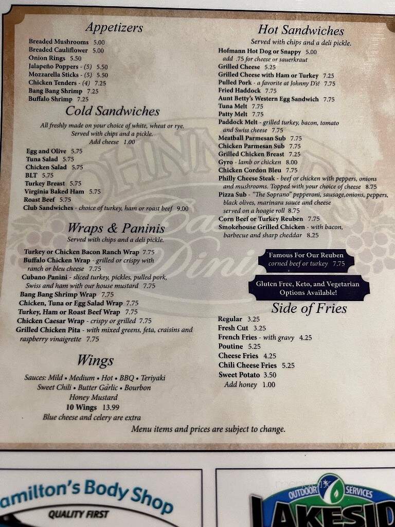 Johnny D's - Watertown, NY menu_pic