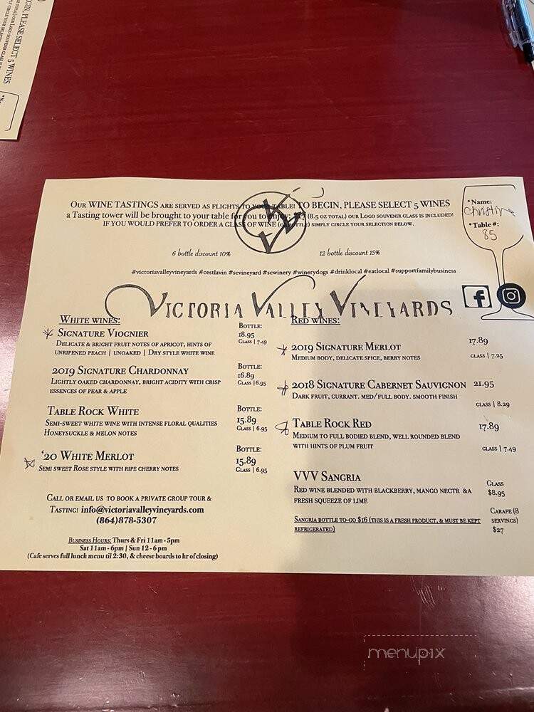 Victoria Valley Vineyards - Cleveland, SC menu_pic