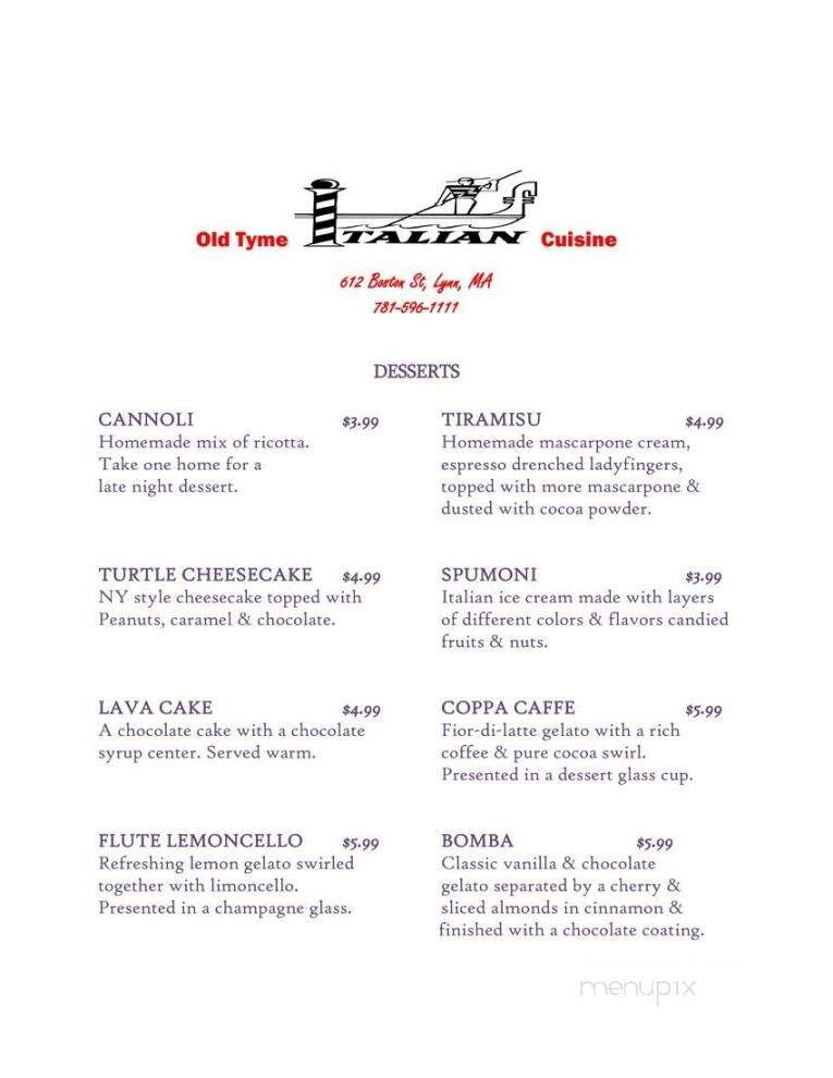 Old Tyme Italian Cuisine - Lynn, MA menu_pic