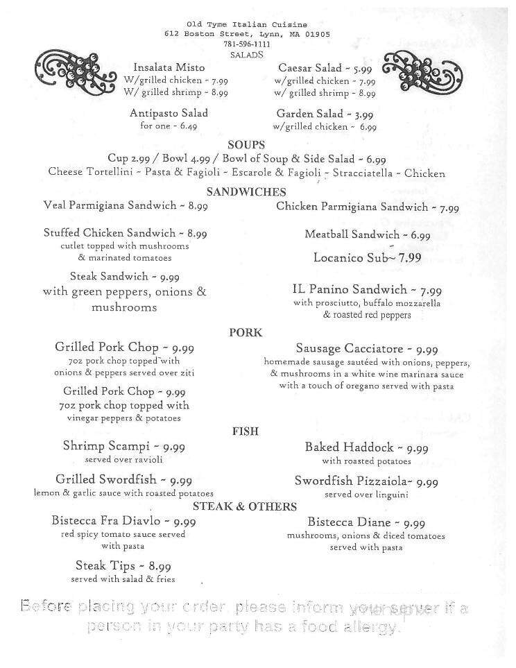 Old Tyme Italian Cuisine - Lynn, MA menu_pic