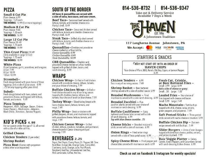 Haven Bar - Johnstown, PA menu_pic