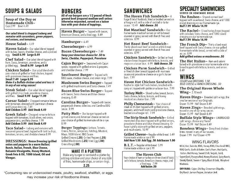 Haven Bar - Johnstown, PA menu_pic
