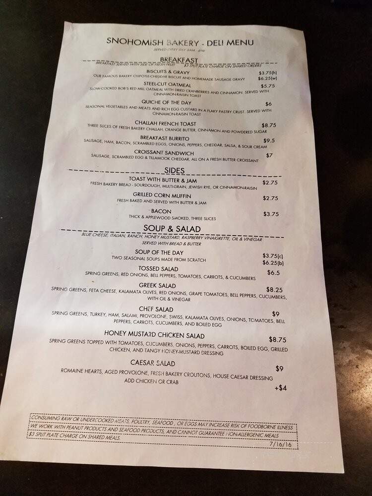 Snohomish Bakery & Cafe - Snohomish, WA menu_pic
