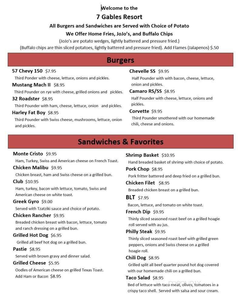 Seven Gables Resort - Anaconda, MT menu_pic