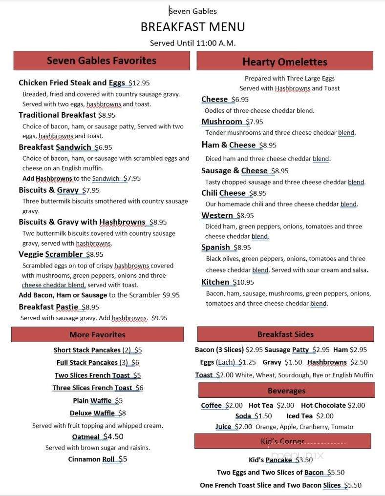 Seven Gables Resort - Anaconda, MT menu_pic