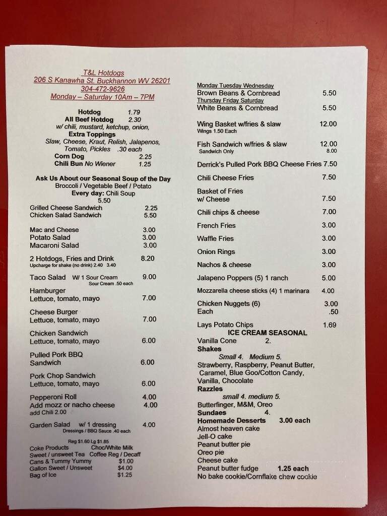 T & L Hot Dogs - Buckhannon, WV menu_pic