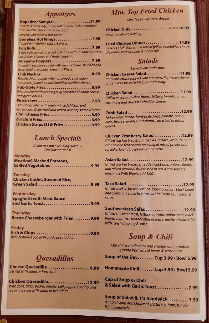 Mountain Top Cafe - Phelan, CA menu_pic