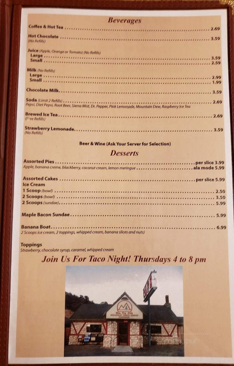 Mountain Top Cafe - Phelan, CA menu_pic