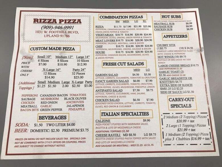 Online Menu of Rizza Pizza, Upland, CA
