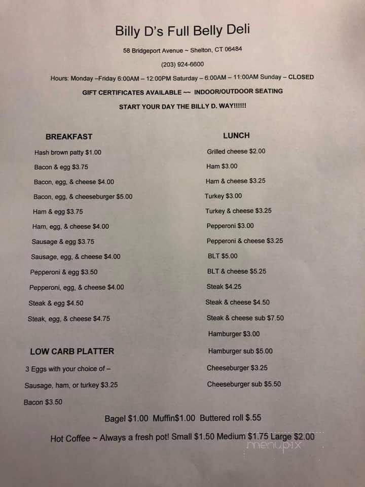 Billy D's Full Belly Deli - Shelton, CT menu_pic