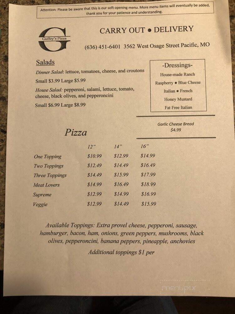 Guffey's Pizza - Pacific, MO menu_pic