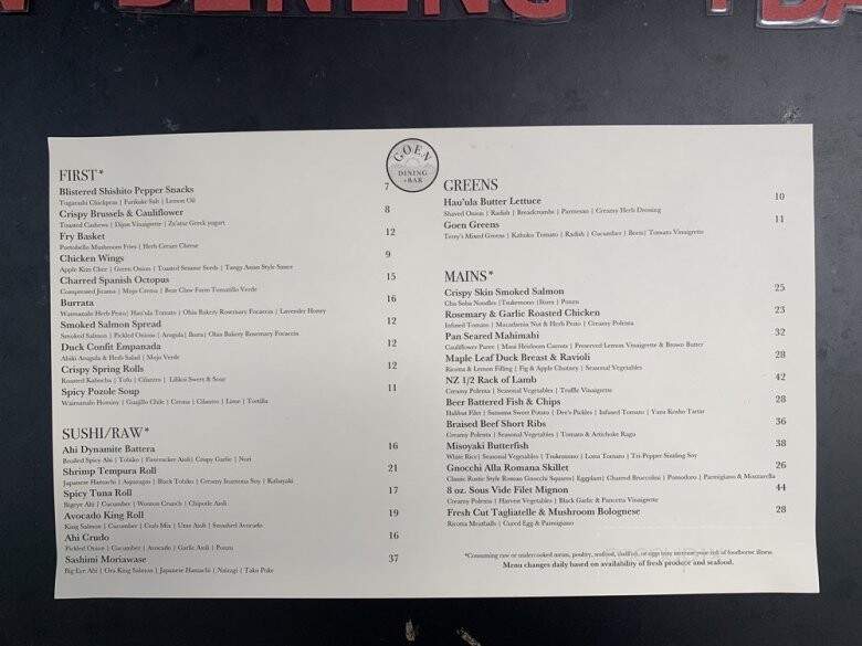 GOEN Dining + Bar - Kailua, HI menu_pic