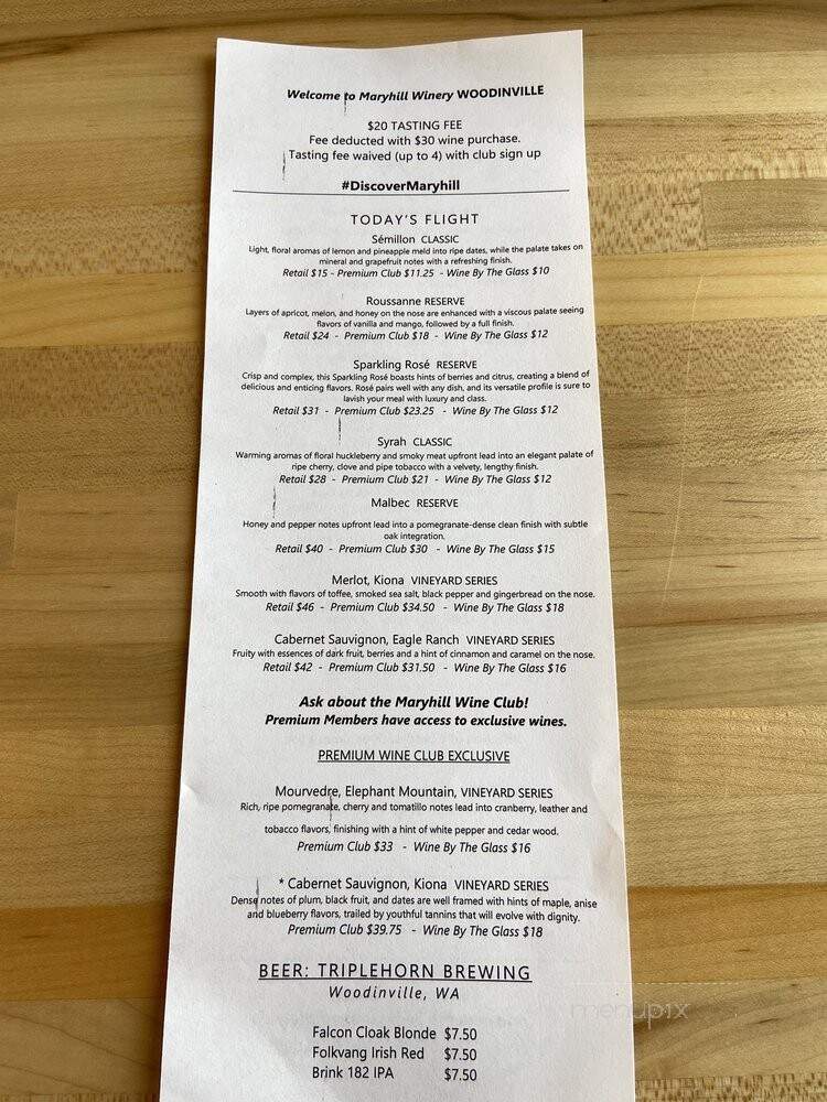 Maryhill Tasting Room & Bistro - Woodinville, WA menu_pic