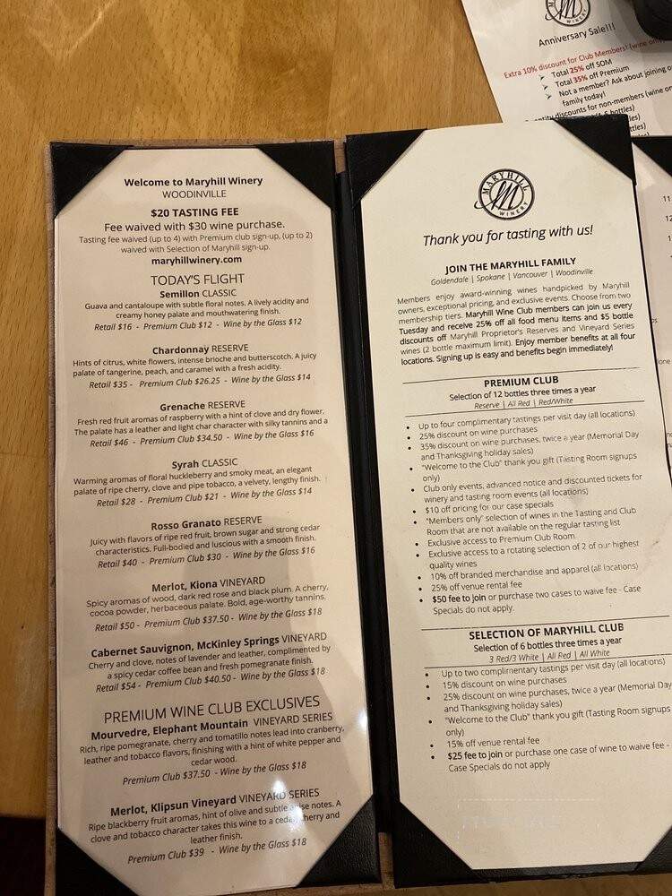 Maryhill Tasting Room & Bistro - Woodinville, WA menu_pic