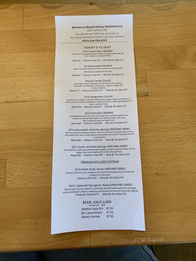 Maryhill Tasting Room & Bistro - Woodinville, WA menu_pic