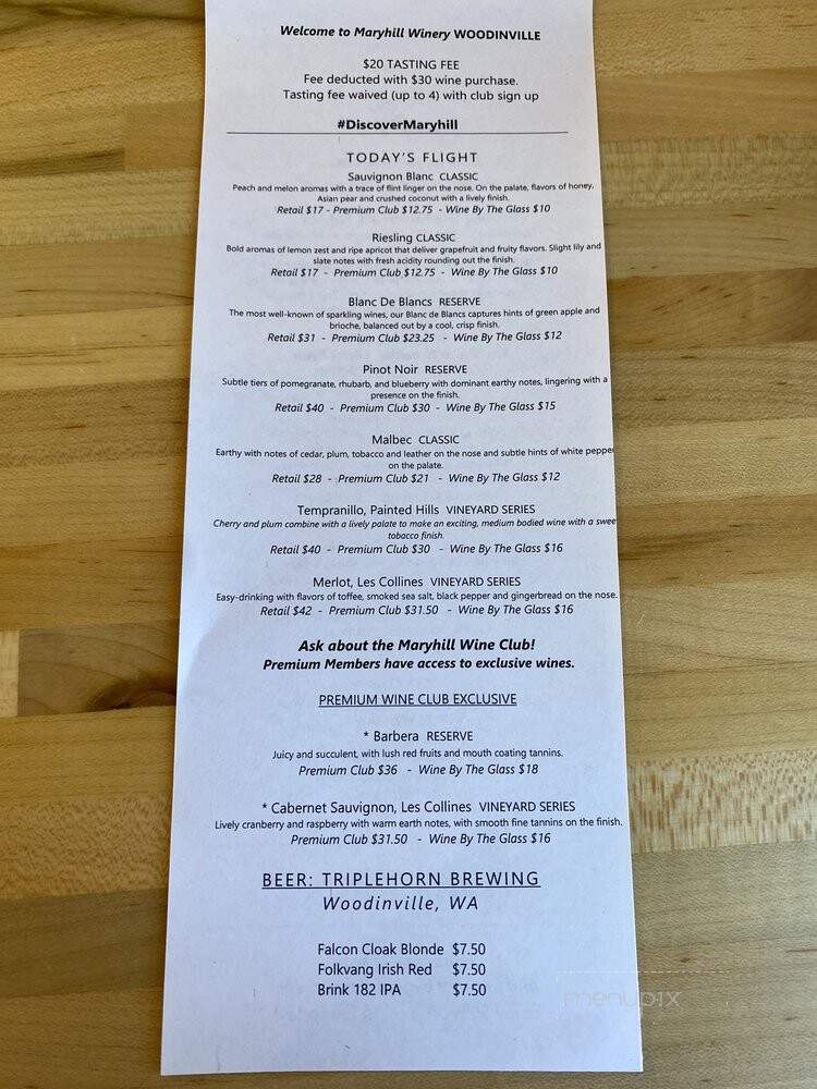 Maryhill Tasting Room & Bistro - Woodinville, WA menu_pic