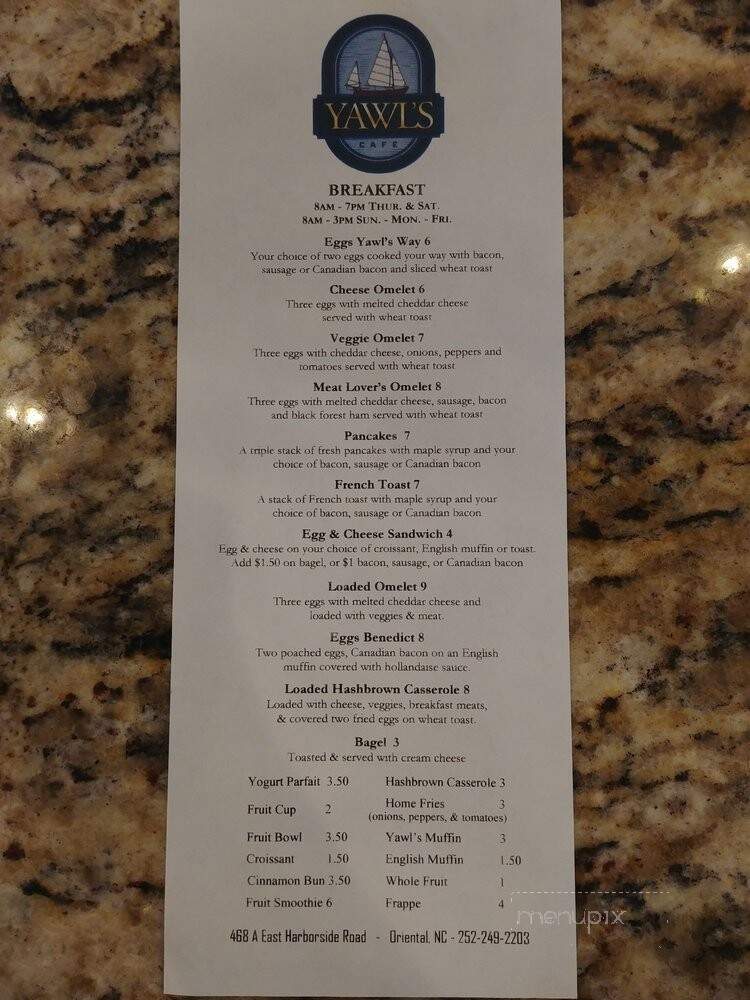 Yawl's Cafe - Oriental, NC menu_pic